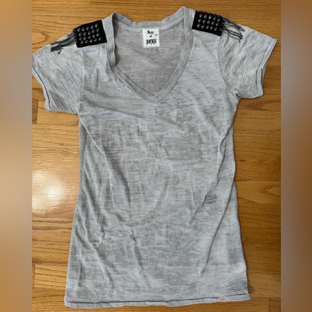 Son of John Burnout Tee with Beaded Epaulets studs chains v neck size 0 S tunic